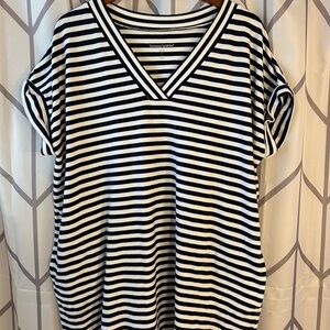Woman Within Navy and White Striped V-Neck Tee